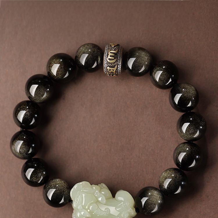 925silver Hetian Jade Obsidian Pixiu Six-Character Mantra Fortune-Teleporting Beads