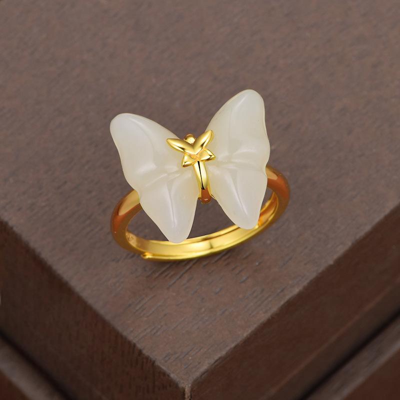 925 Silver Natural Hetian White Jade "Butterfly Whisper" Open Ring