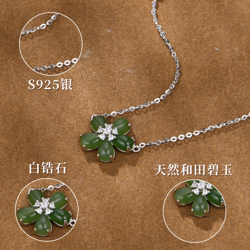 925 Silver Natural Hetian Jade Flower Necklace