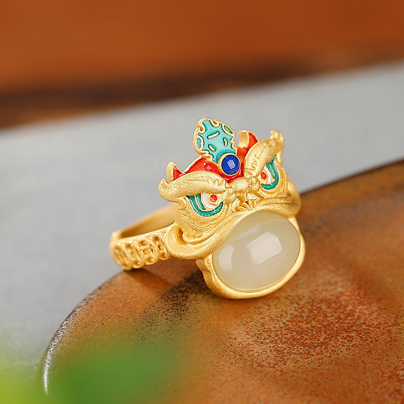 S925 sterling silver natural Hetian jade lion ring