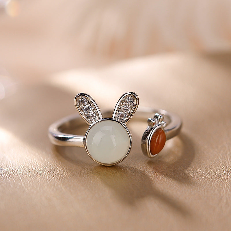 S925 sterling silver and Hetian jade rabbit ring