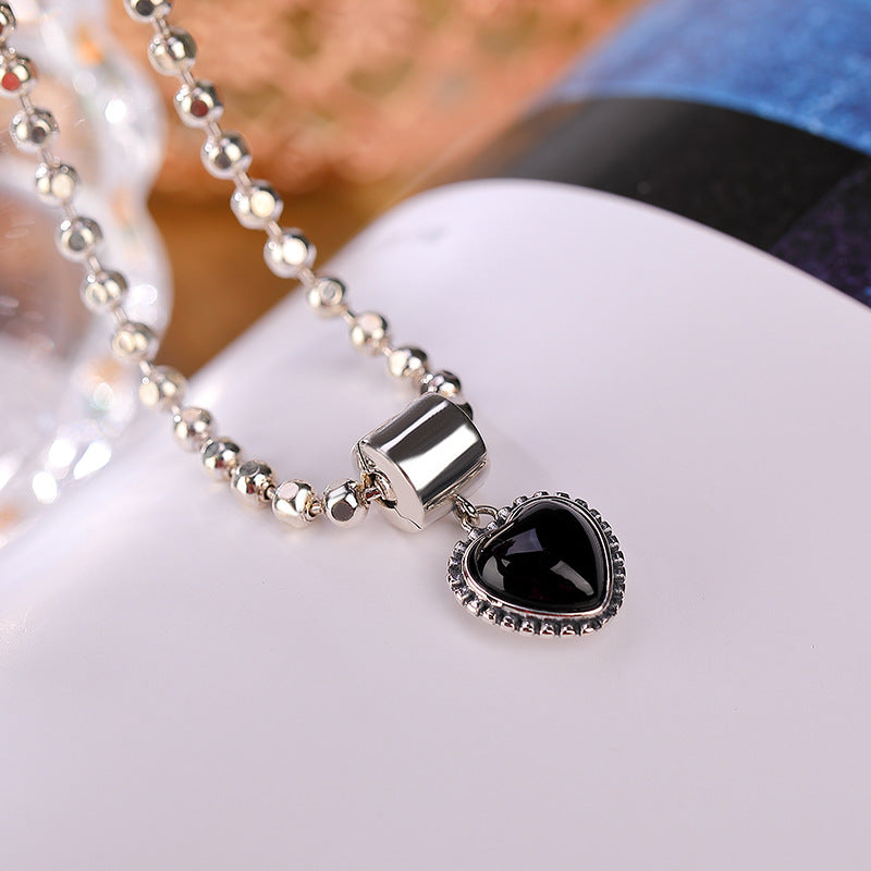 S925 sterling silver black agate heart pendant