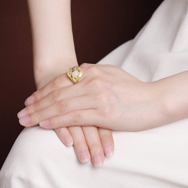 S925 sterling silver Hetian jade peony ring