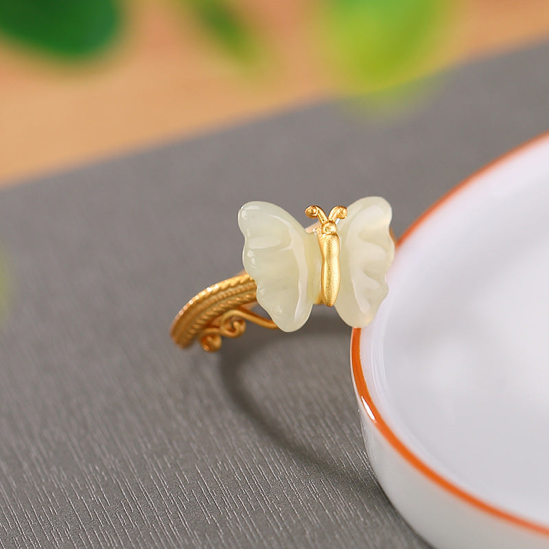 S925 sterling silver and Hetian jade butterfly ring