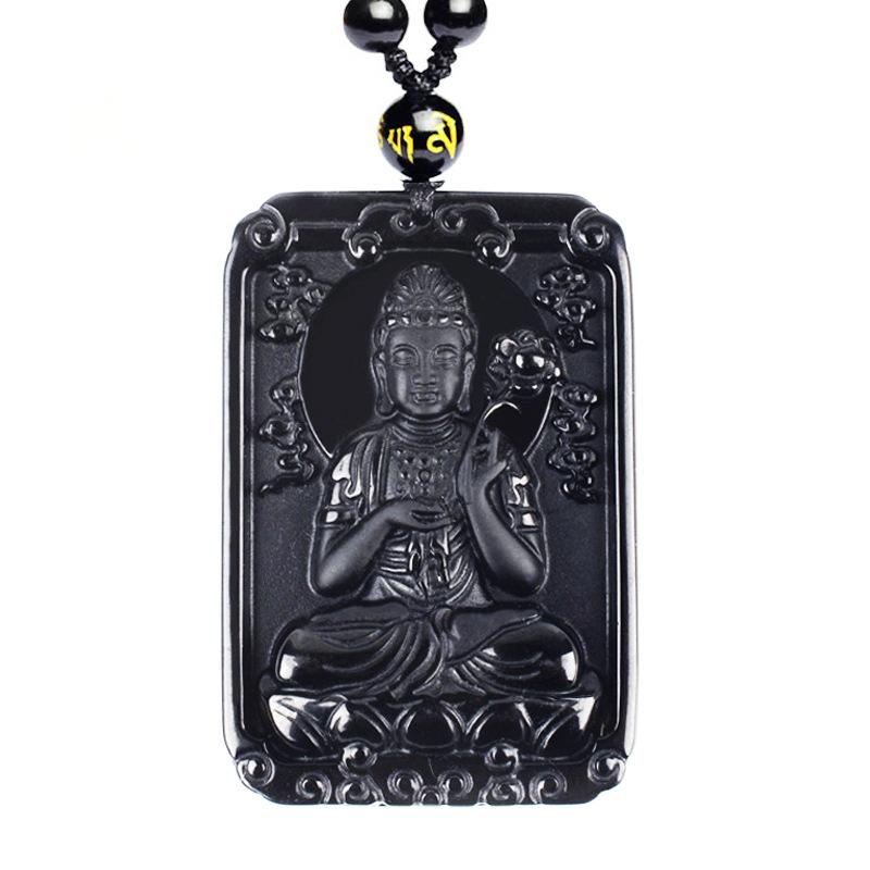 Natural obsidian pendant with twelve zodiac animals and eight guardian gods