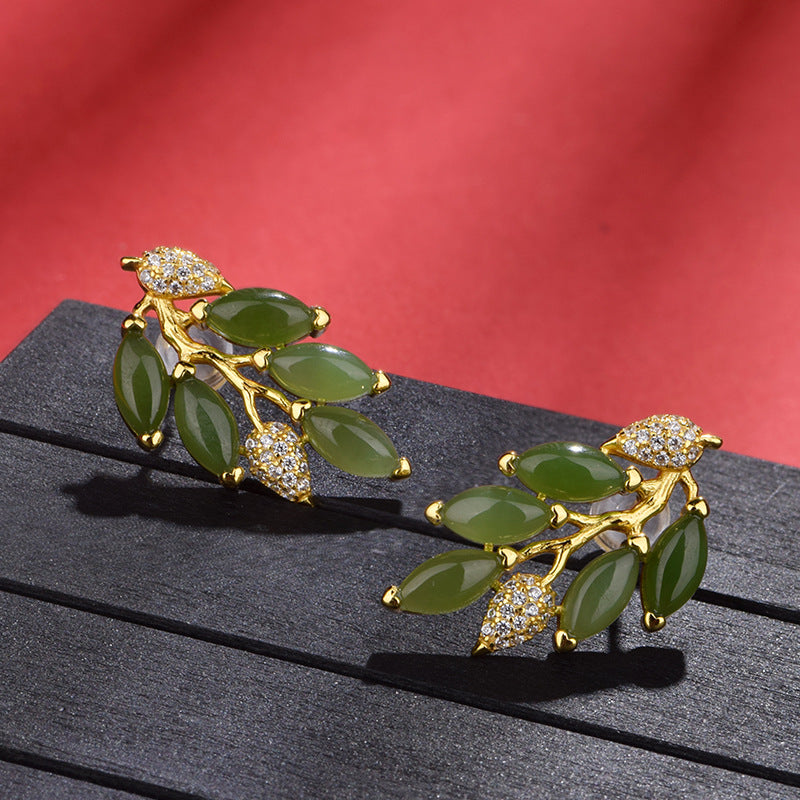 925 silver natural Hetian jade "Golden Branches and Jade Leaves" earrings