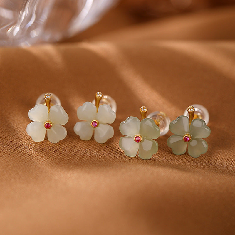 S925 sterling silver natural Hetian jade four-leaf clover earrings