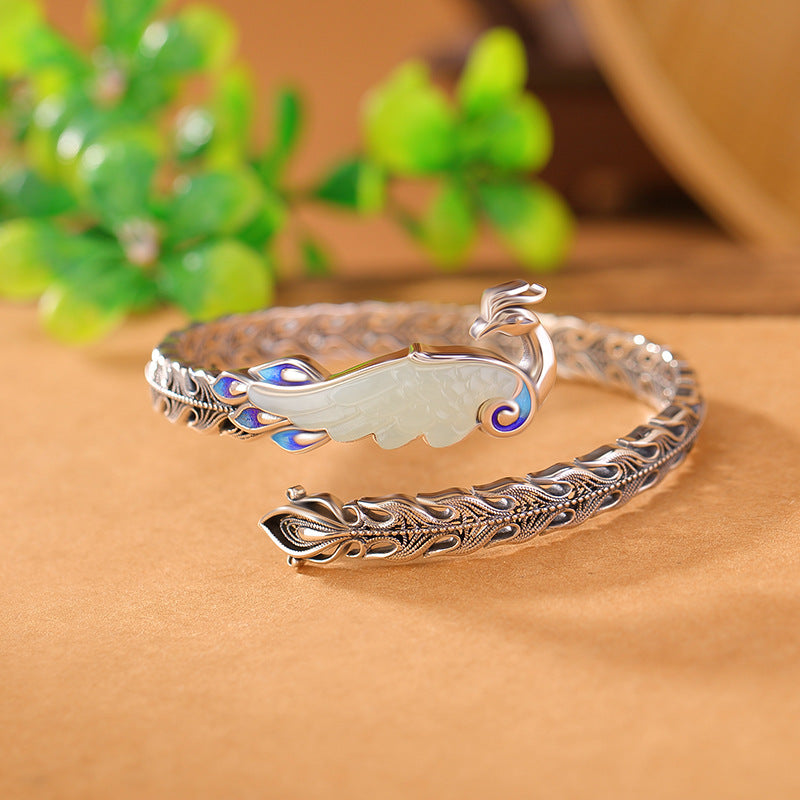 S925 silver and Hetian jade national tide blue phoenix nirvana carved retro hollow silver bracelet