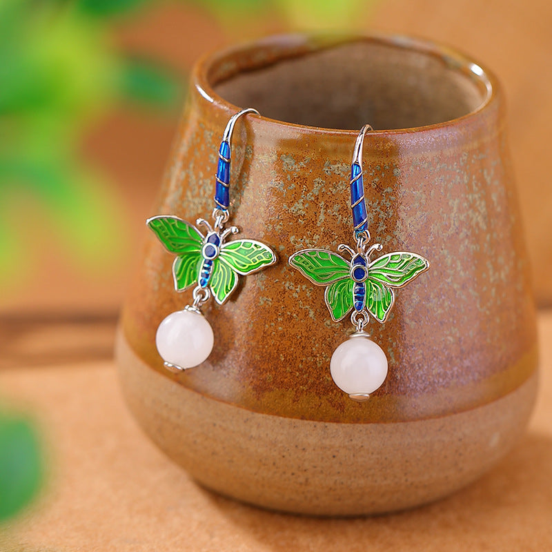 S925 sterling silver and nephrite jade butterfly round bead earrings