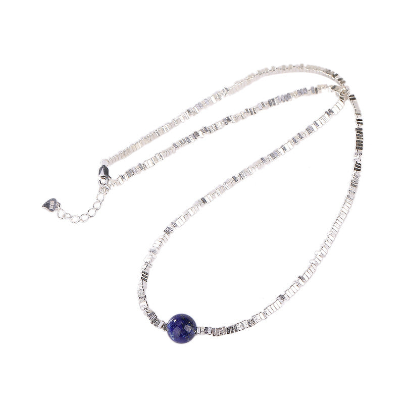 S925 sterling silver lapis lazuli broken silver round bead necklace