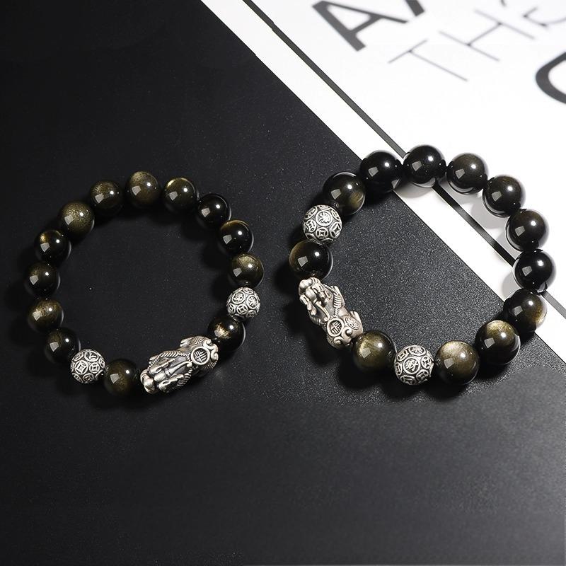 S999 sterling silver Pixiu natural obsidian bracelet