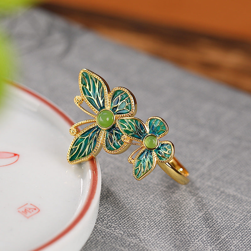 S925 sterling silver jasper butterfly ring