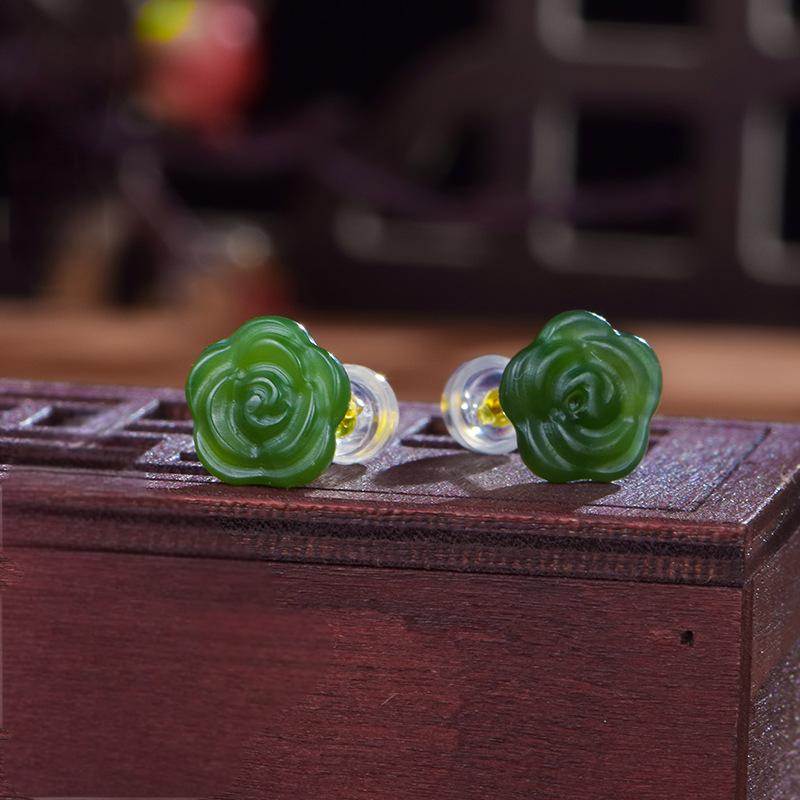 925 silver natural Hetian jade rose earrings