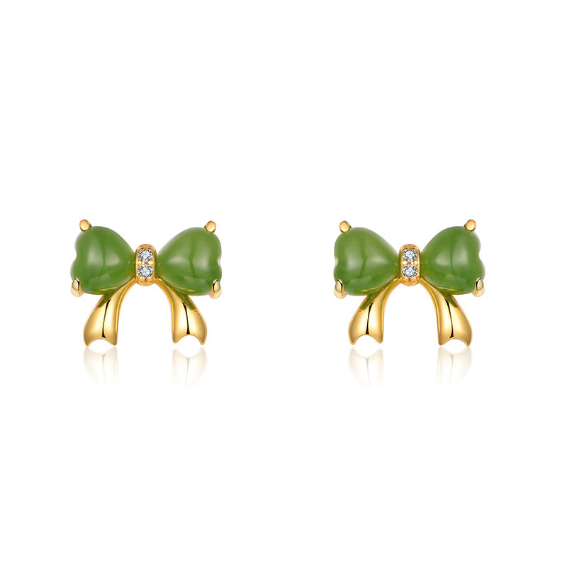 925 Gold-Plated Silver Inlaid Hetian Jade Bowknot Earrings