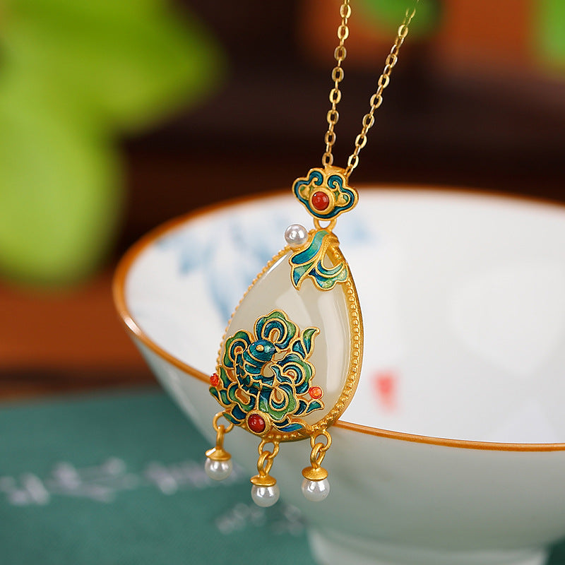 S925 sterling silver Hetian jade carp Ruyi water drop tassel pendant