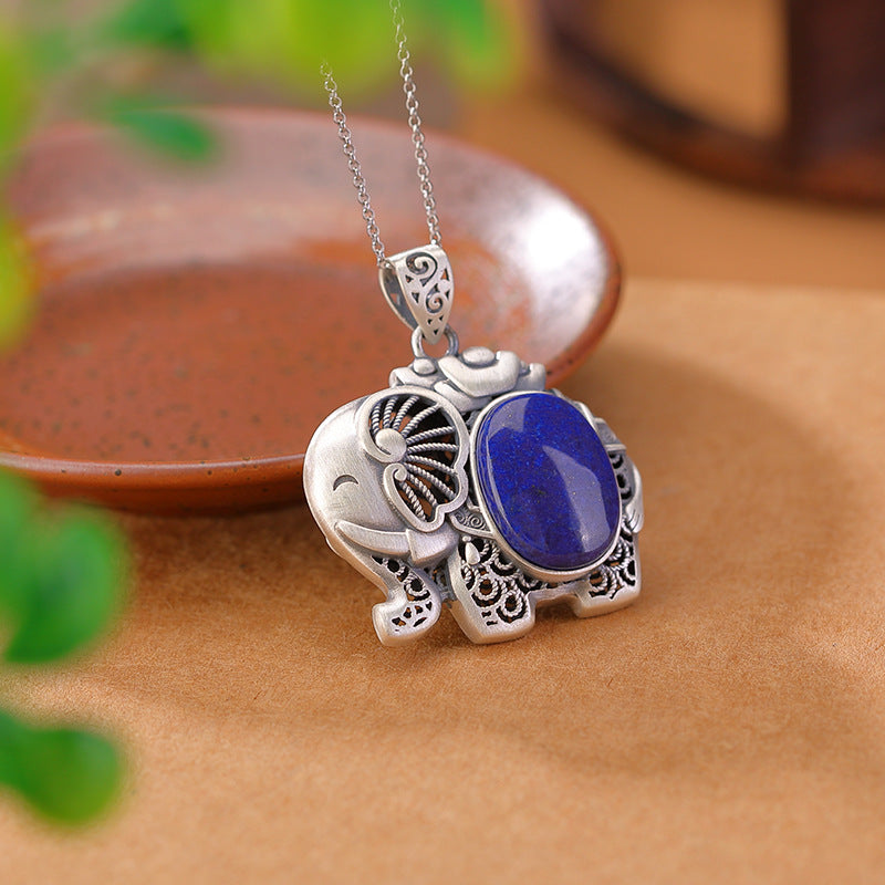 990 sterling silver lapis Lazuli oval necklace for money retro elephant pendant Chinese fashion jewelry