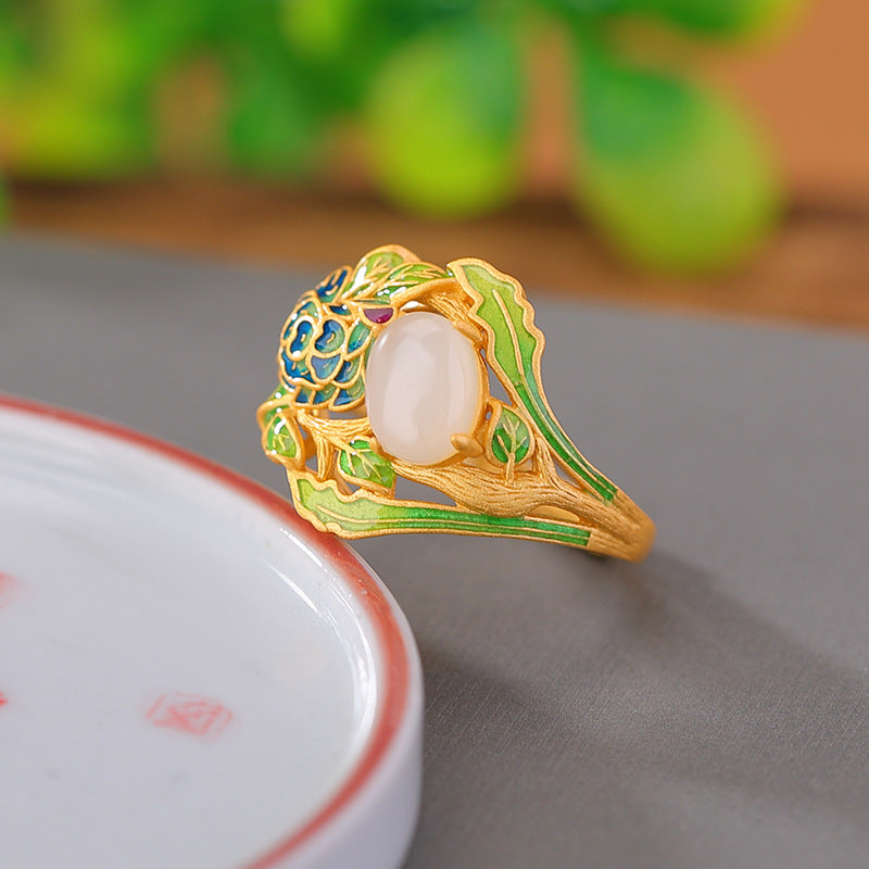 S925 sterling silver Hetian jade peony ring