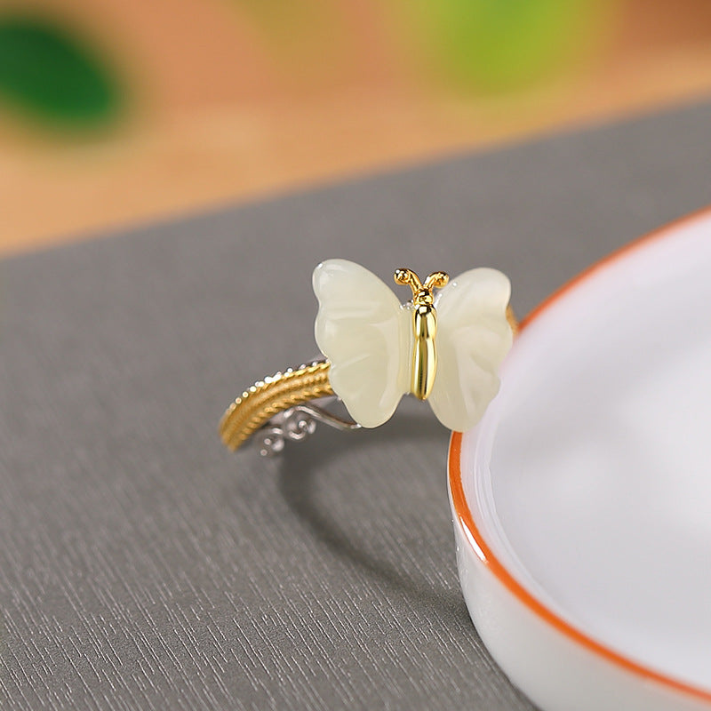 S925 sterling silver and Hetian jade butterfly ring