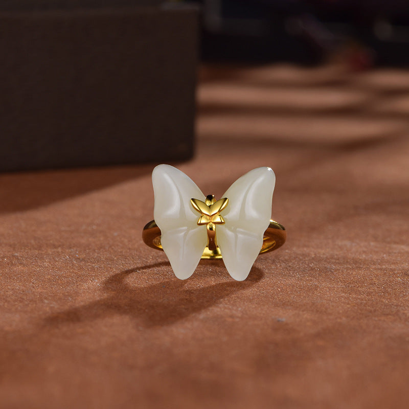 925 Silver Natural Hetian White Jade "Butterfly Whisper" Open Ring