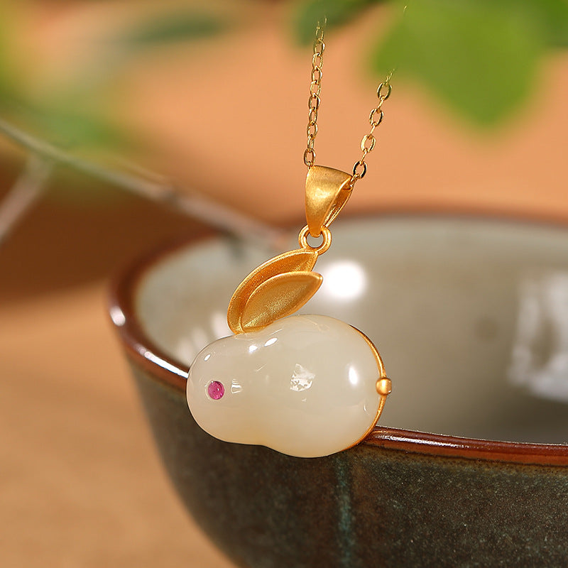 S925 sterling silver gold plated Hetian jade rabbit jewelry