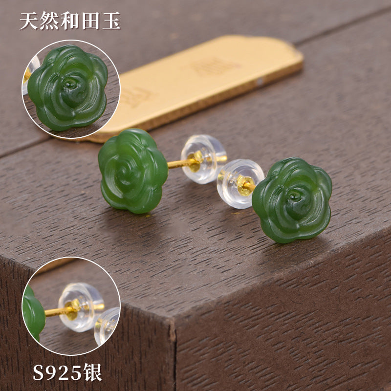 925 silver natural Hetian jade rose earrings