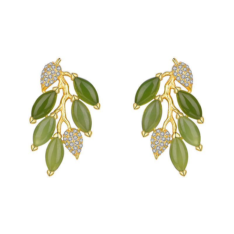 925 silver natural Hetian jade "Golden Branches and Jade Leaves" earrings