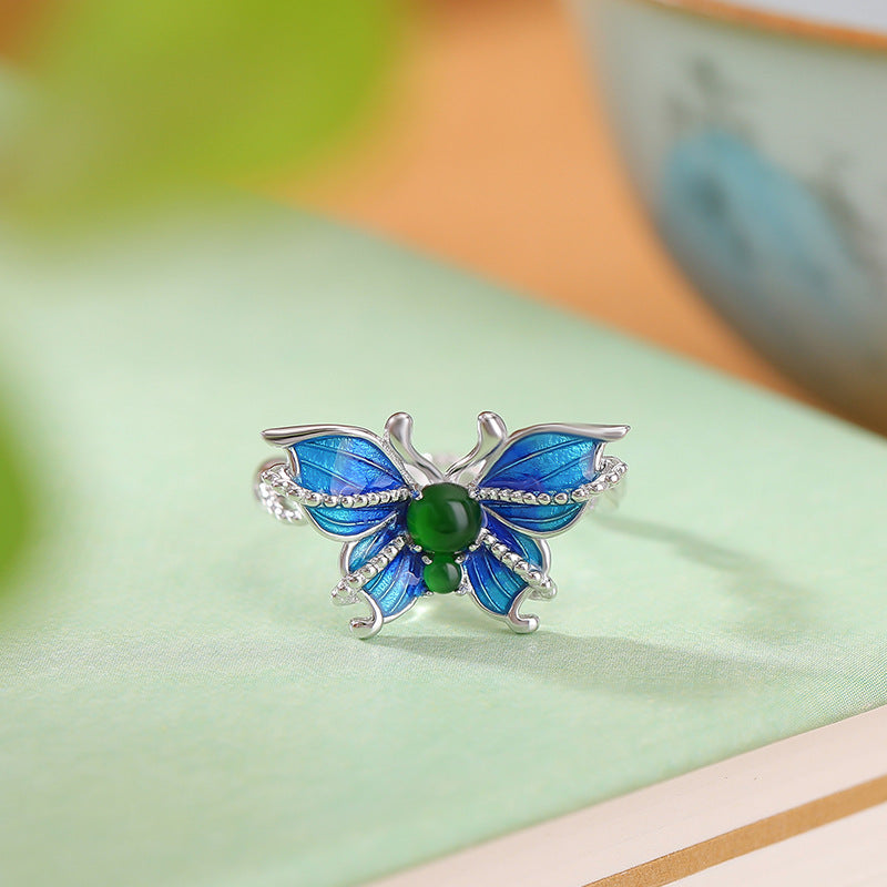 S925 sterling silver jade butterfly ring