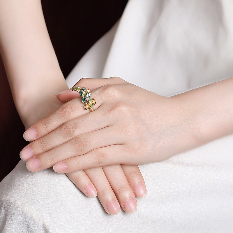 S925 sterling silver jasper apricot leaf ring