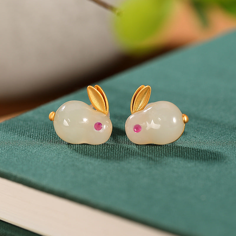 S925 sterling silver gold plated Hetian jade rabbit jewelry