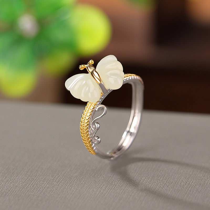 S925 sterling silver and Hetian jade butterfly ring