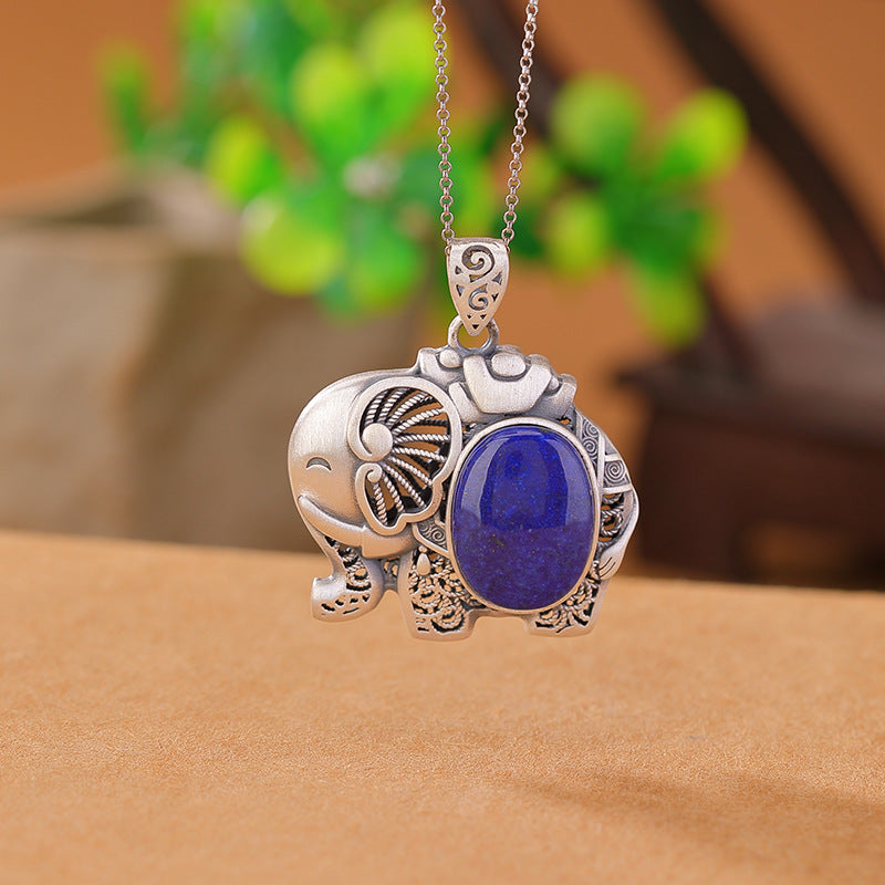 990 sterling silver lapis Lazuli oval necklace for money retro elephant pendant Chinese fashion jewelry