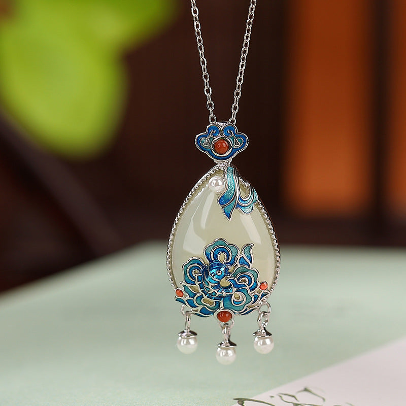 S925 sterling silver Hetian jade carp Ruyi water drop tassel pendant