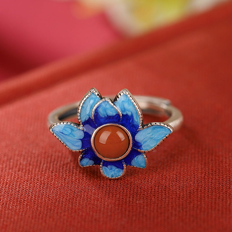 S925 sterling silver agate lotus ring