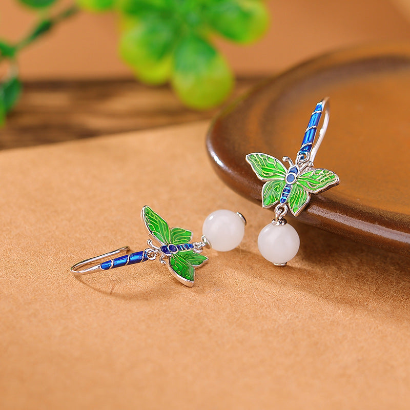 S925 sterling silver and nephrite jade butterfly round bead earrings