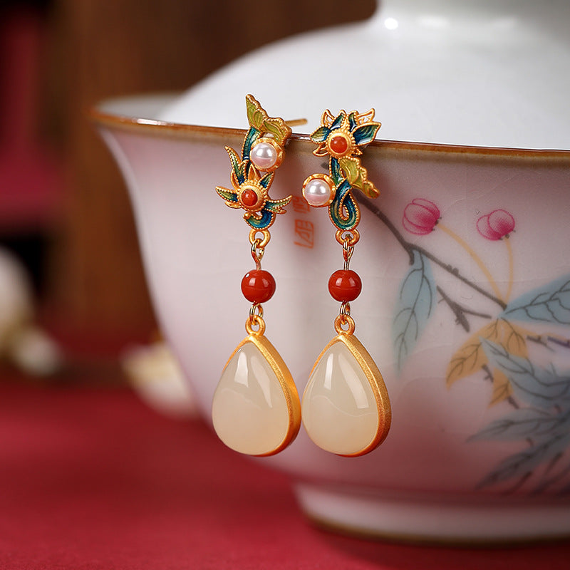 S925 sterling silver Hetian jade lotus water drop earrings