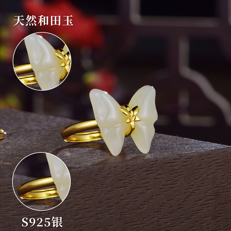 925 Silver Natural Hetian White Jade "Butterfly Whisper" Open Ring