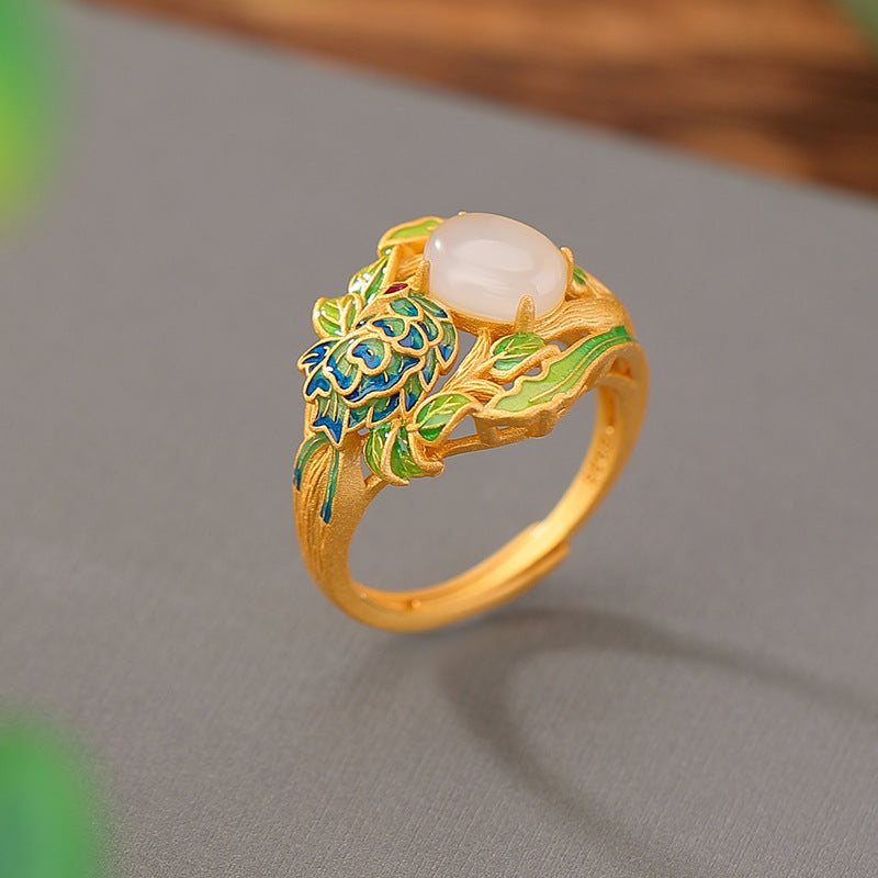 S925 sterling silver Hetian jade peony ring