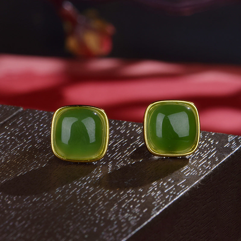 925 silver inlaid natural Hetian jade "Sugar Cube" earrings