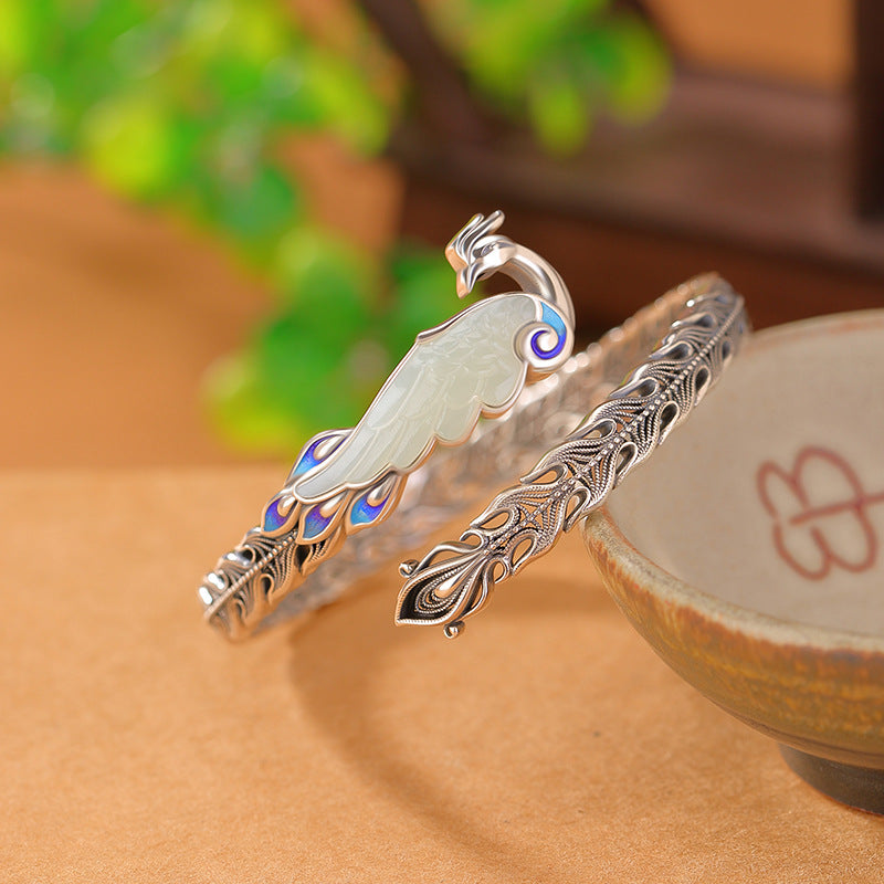 S925 silver and Hetian jade national tide blue phoenix nirvana carved retro hollow silver bracelet