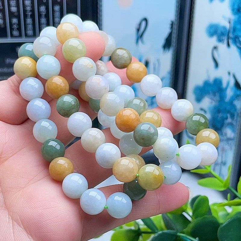 Myanmar natural white yellow green jadeite 10mm bracelet