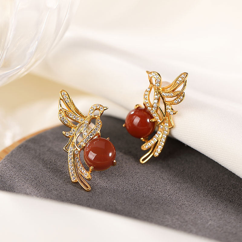 S925 sterling silver red agate magpie earrings