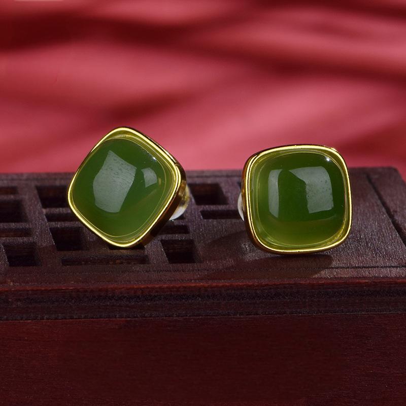 925 silver inlaid natural Hetian jade "Sugar Cube" earrings