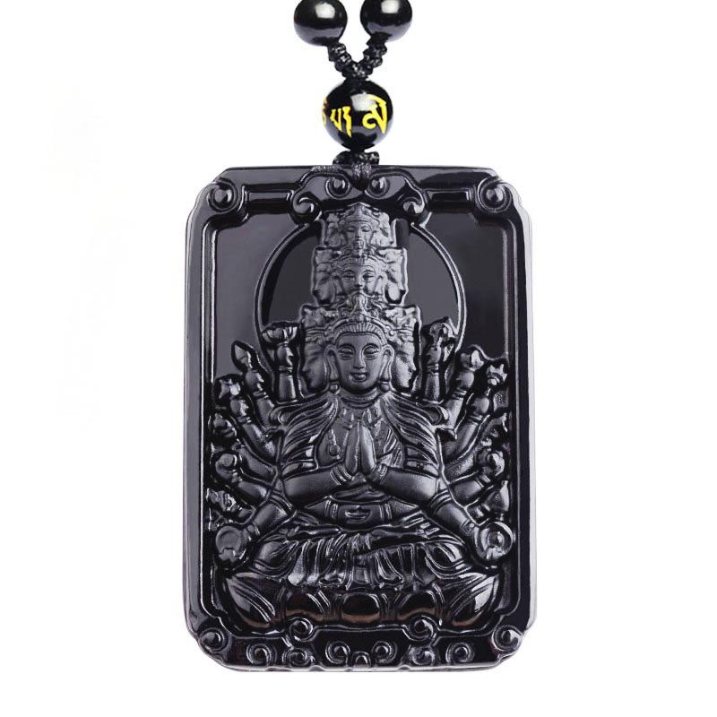 Natural obsidian pendant with twelve zodiac animals and eight guardian gods