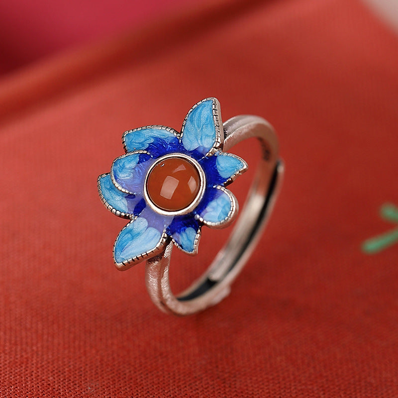 S925 sterling silver agate lotus ring