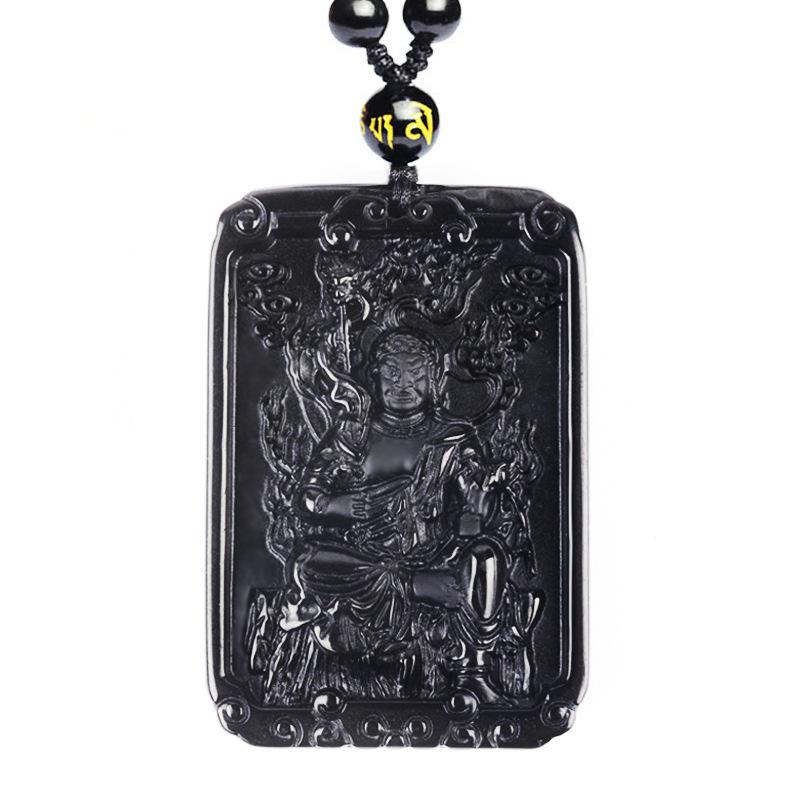 Natural obsidian pendant with twelve zodiac animals and eight guardian gods