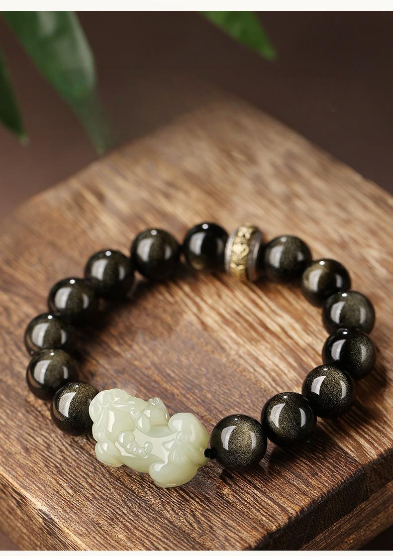 925silver Hetian Jade Obsidian Pixiu Six-Character Mantra Fortune-Teleporting Beads