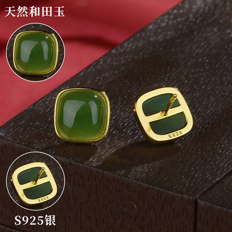 925 silver inlaid natural Hetian jade "Sugar Cube" earrings