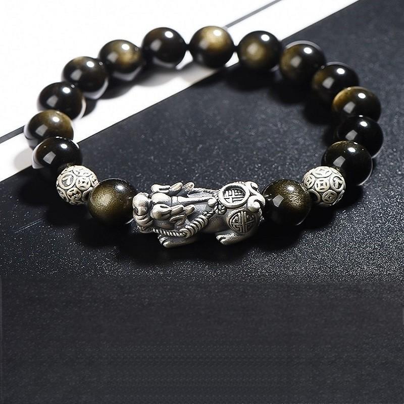 S999 sterling silver Pixiu natural obsidian bracelet