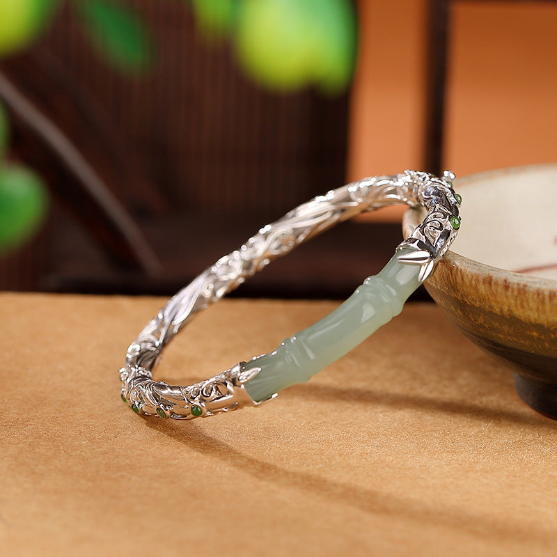 925 Sterling Silver Natural Hetian Jade "Bamboo Leaf" Bracelet