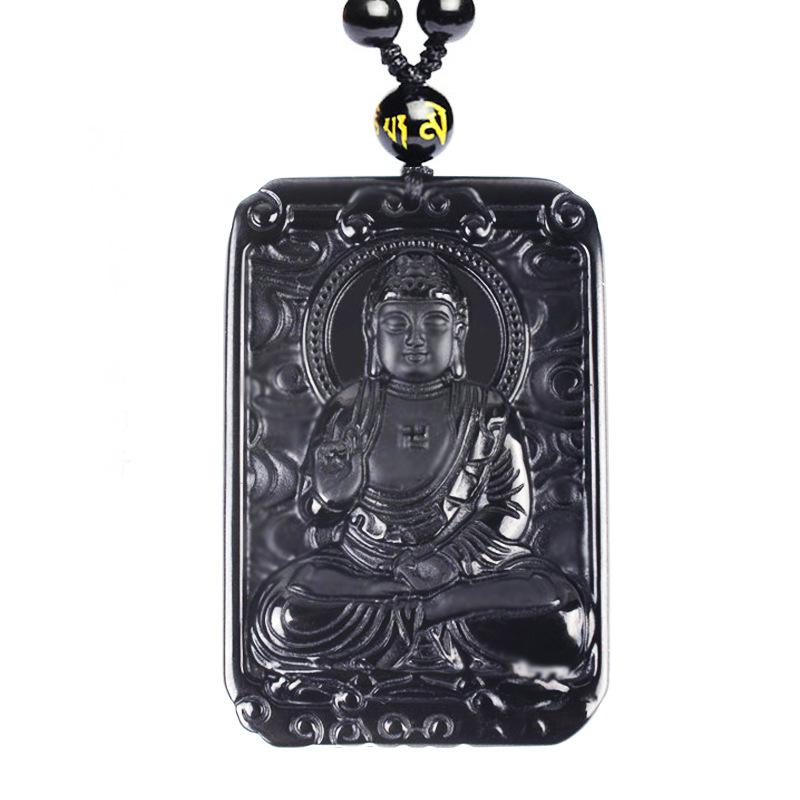 Natural obsidian pendant with twelve zodiac animals and eight guardian gods